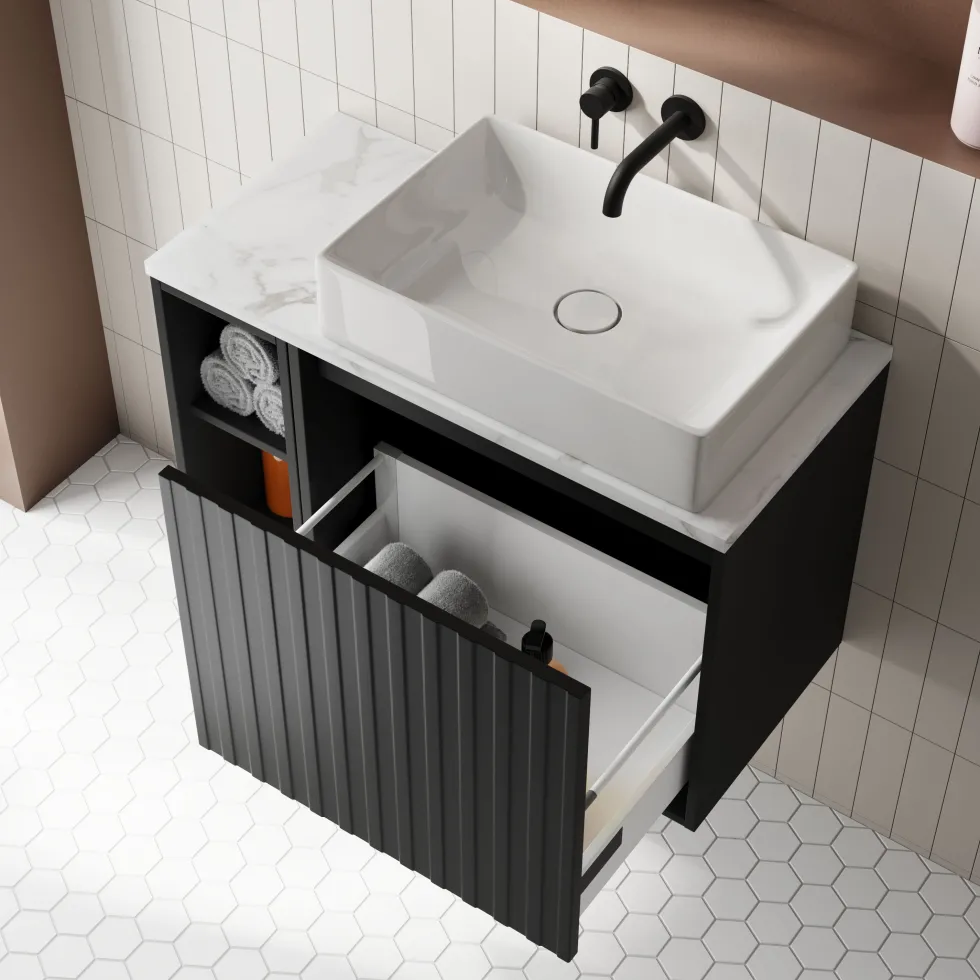 Billy 800mm Wall Hung Vanity Unit with Fluted Drawer Front & Marble Sintered Stone Worktop