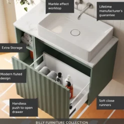 Billy 800mm Wall Hung Vanity Unit with Fluted Drawer Front & Marble Sintered Stone Worktop