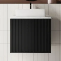Billy 600mm Wall Hung Vanity Unit with Fluted Drawer Front & Marble Sintered Stone Worktop