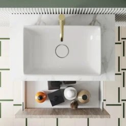 Billy 600mm Wall Hung Vanity Unit with Fluted Drawer Front & Marble Sintered Stone Worktop