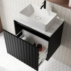 Billy 600mm Wall Hung Vanity Unit with Fluted Drawer Front & Marble Sintered Stone Worktop