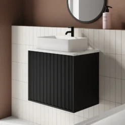 Billy 600mm Wall Hung Vanity Unit with Fluted Drawer Front & Marble Sintered Stone Worktop