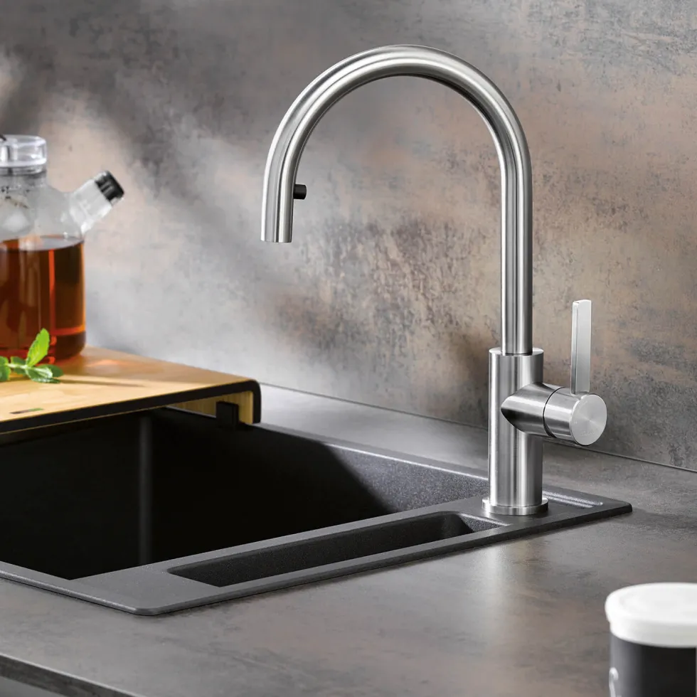 Blanco Candor-S Single Lever Brushed Stainless Steel Mono Pull Out Kitchen Mixer Tap