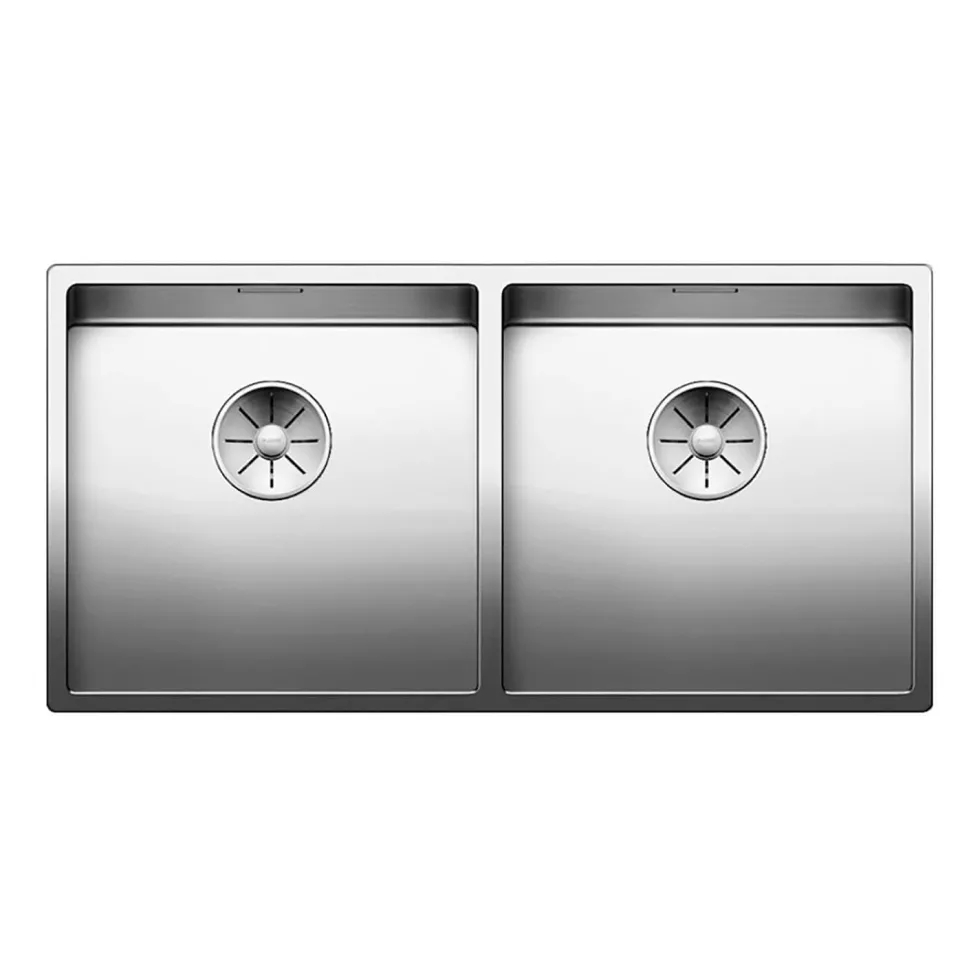 Blanco Claron Double Bowl Undermount Satin Polish Stainless Steel Kitchen Sink & Waste - 865 x 440mm