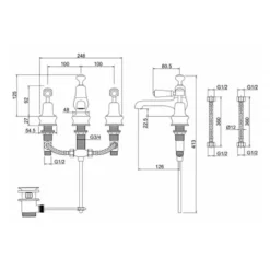 Burlington Kensington 3 Tap Hole Basin Mixer with Pop-up Waste