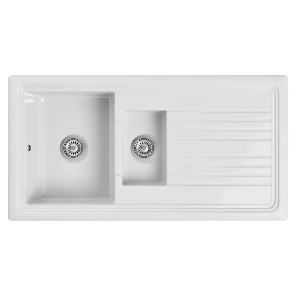 Butler & Rose 1.5 Bowl White Ceramic Kitchen Sink with Reversible Drainer - 1010mm x 525mm