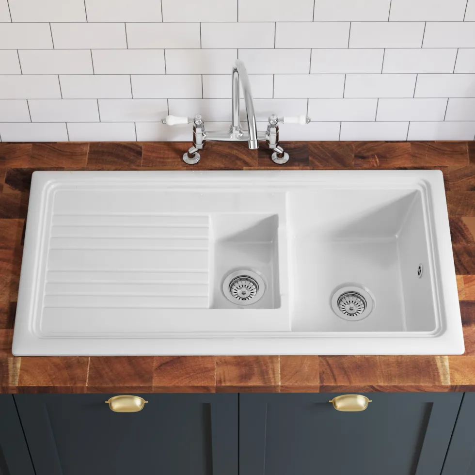 Butler & Rose 1.5 Bowl White Ceramic Kitchen Sink with Reversible Drainer - 1010mm x 525mm