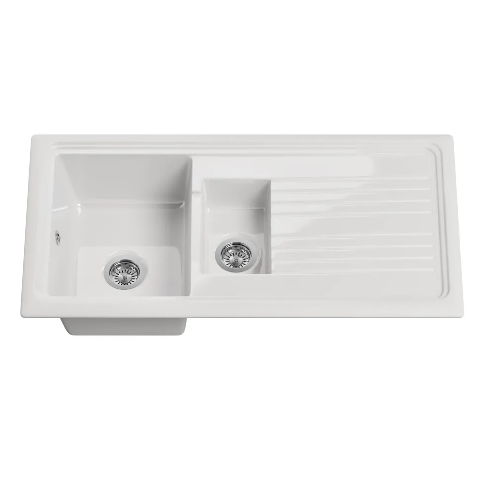 Butler & Rose 1.5 Bowl White Ceramic Kitchen Sink with Reversible Drainer - 1010mm x 525mm