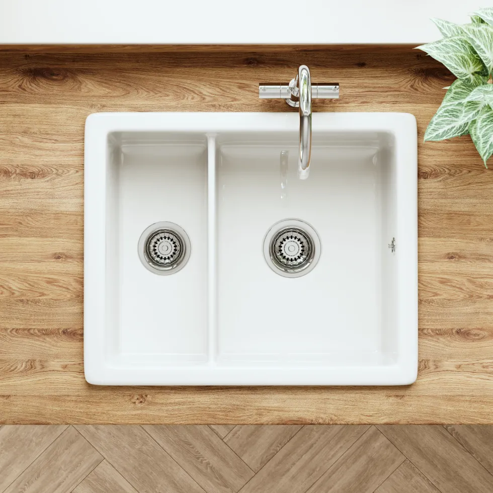 Butler & Rose Bryn Reversible 1.5 Bowl White Ceramic Inset/Undermount Kitchen Sink & Waste Kit - 555 x 460mm