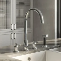 Butler & Rose Daphne 4 Hole Curved Spout Kitchen Mixer Tap with Lever Handles & Pull-Out Rinse