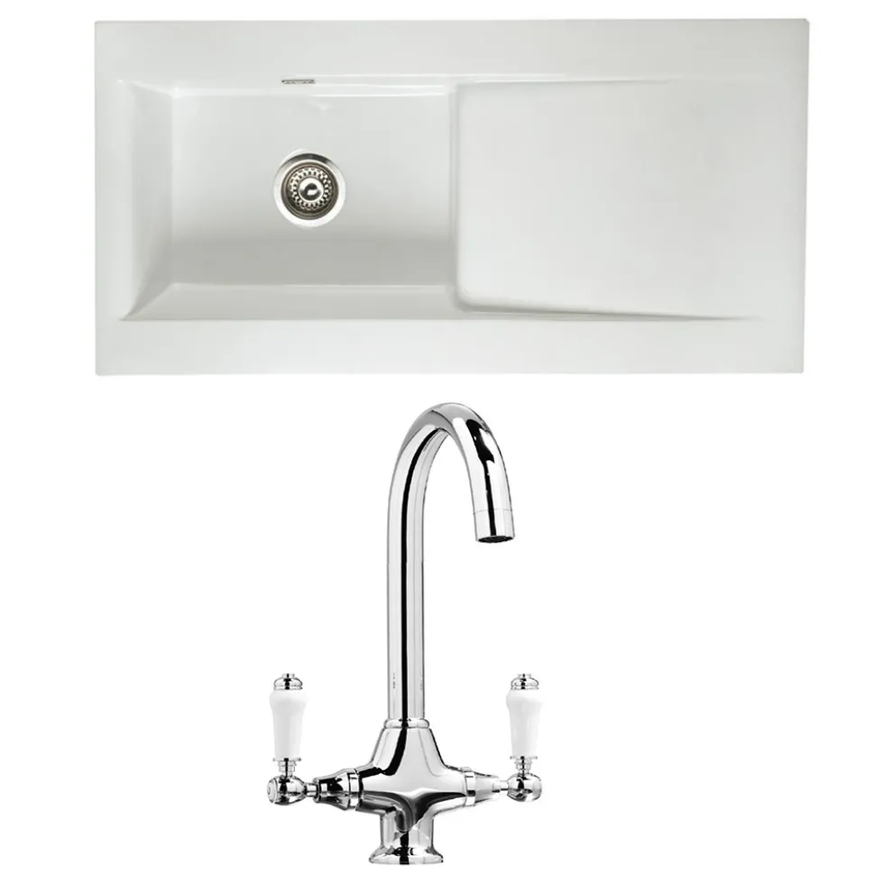 Butler & Rose Dream 1 Bowl White Ceramic Fireclay Kitchen Sink & Victoria Traditional Kitchen Mixer Tap