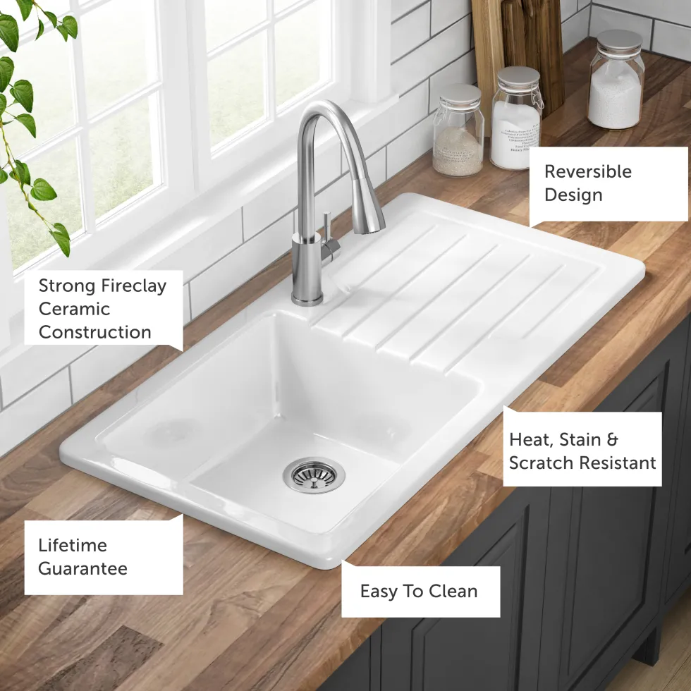 Butler & Rose Farmhouse 1 Bowl White Ceramic Kitchen Sink with Reversible Drainer - 1000 x 500mm