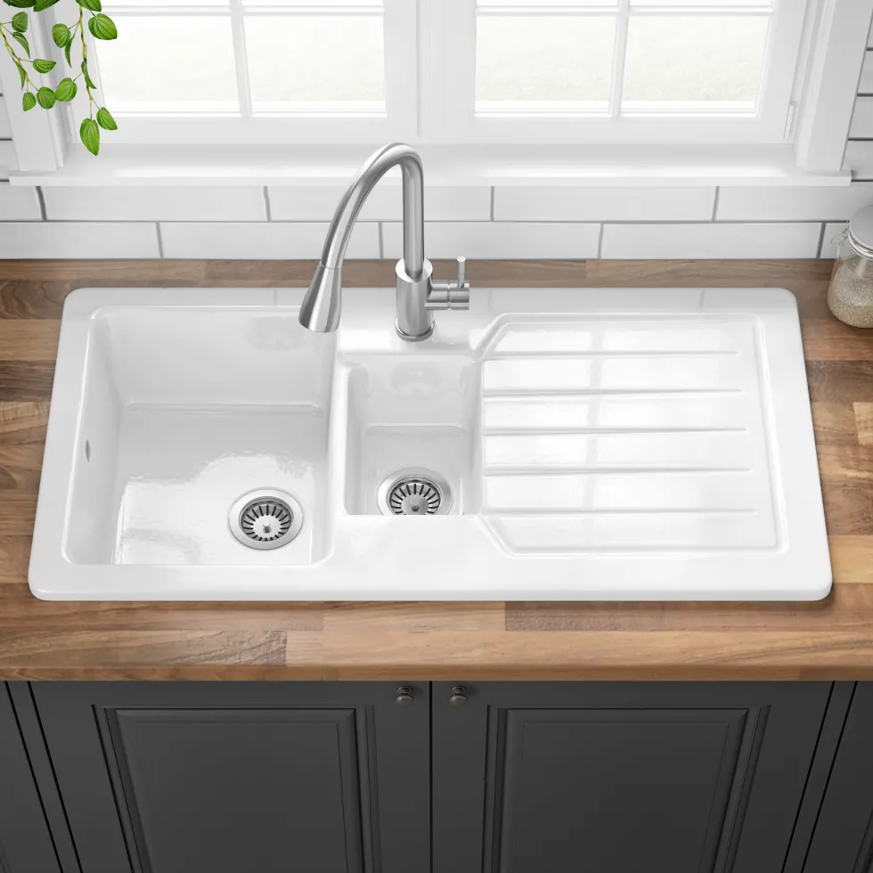 Butler & Rose Farmhouse 1.5 Bowl White Ceramic Kitchen Sink with Reversible Drainer - 1000mm x 500mm