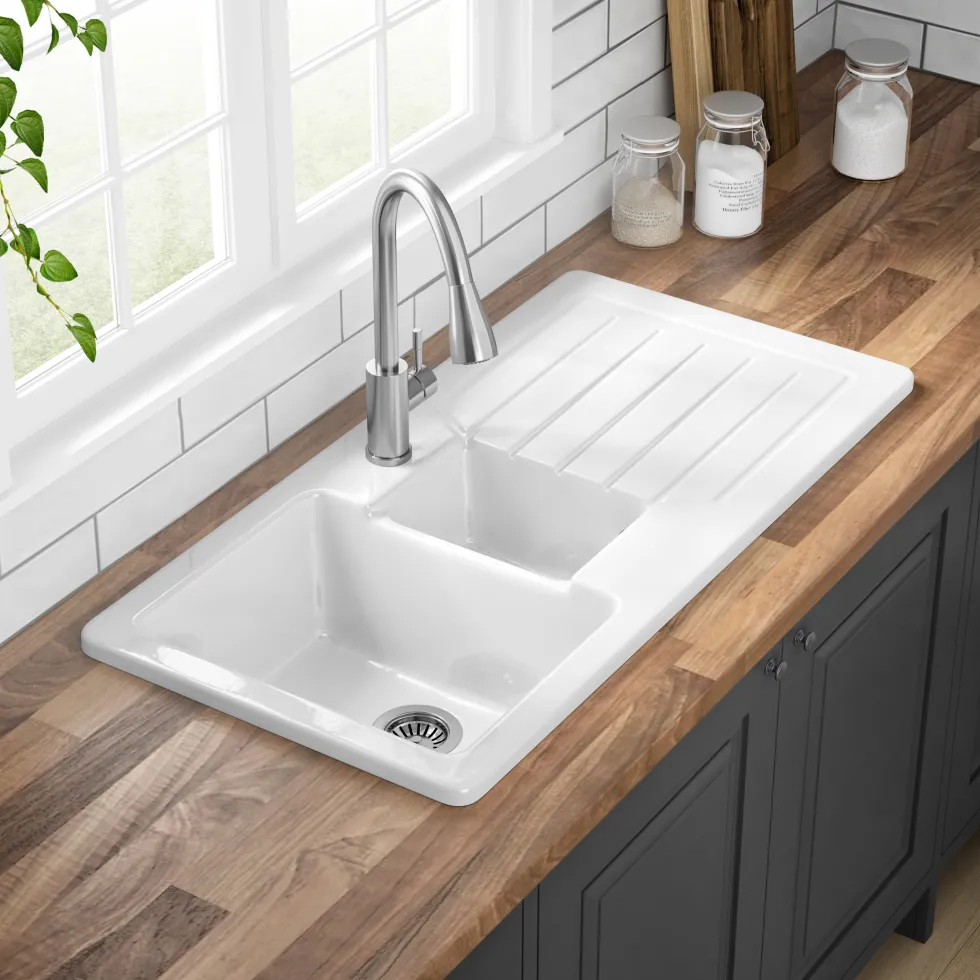 Butler & Rose Farmhouse 1.5 Bowl White Ceramic Kitchen Sink with Reversible Drainer - 1000mm x 500mm