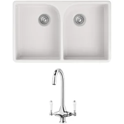 Butler & Rose Fireclay Ceramic White Double Belfast Kitchen Sink, Tap & Waste