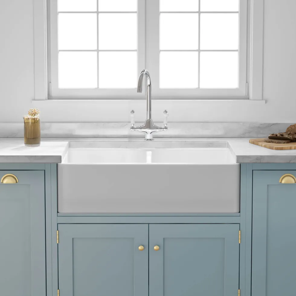 Butler & Rose Fireclay Ceramic White Double Belfast Kitchen Sink, Tap & Waste