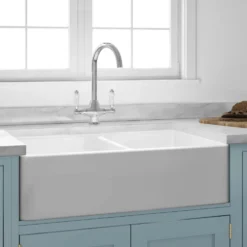Butler & Rose Fireclay Ceramic White Double Belfast Kitchen Sink, Tap & Waste