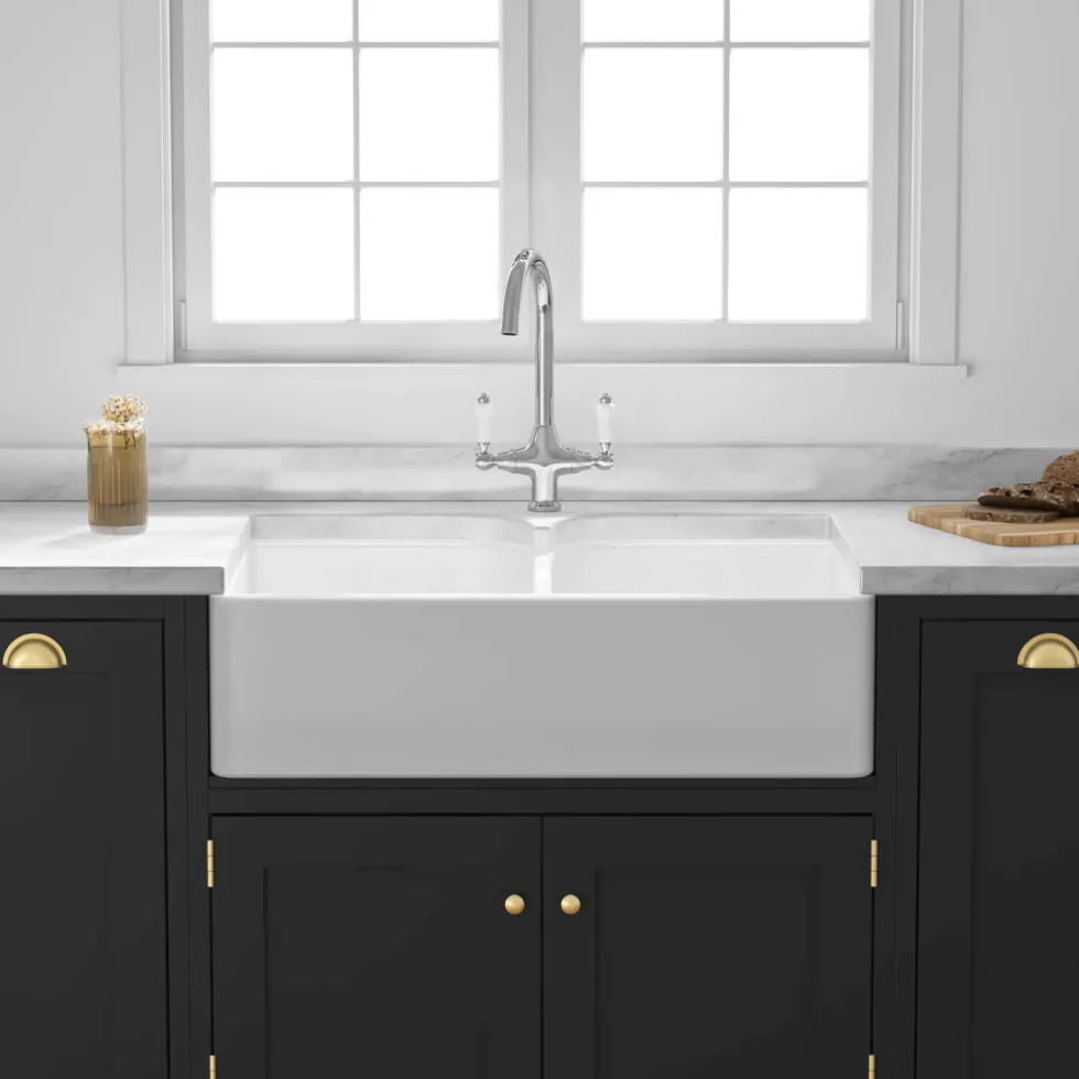 Butler & Rose Fireclay Ceramic White Double Belfast Kitchen Sink, Tap & Waste