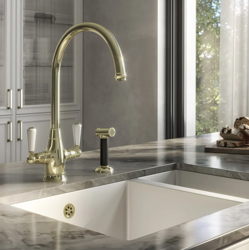 Butler & Rose Ivy Twin Lever Mono Kitchen Mixer Tap with Pull-Out Rinse
