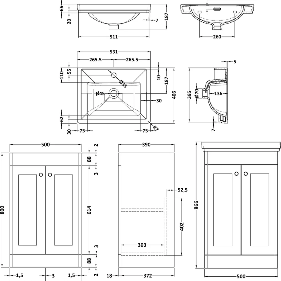 Butler & Rose Ophelia Traditional Toilet & 500mm Floorstanding Vanity Unit Bathroom Suite