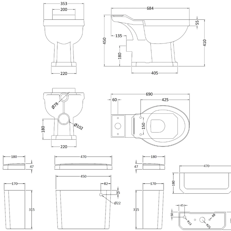 Butler & Rose Ophelia Traditional Toilet & 600mm Wall Hung Vanity Unit Bathroom Suite