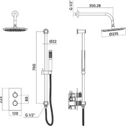 Core Concealed Thermostatic Valve, Fixed Head & Shower Rail Kit