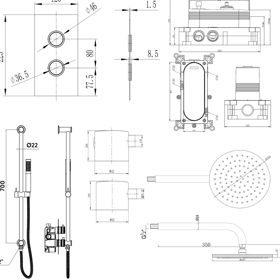 Core Concealed Thermostatic Valve, Fixed Head & Shower Rail Kit
