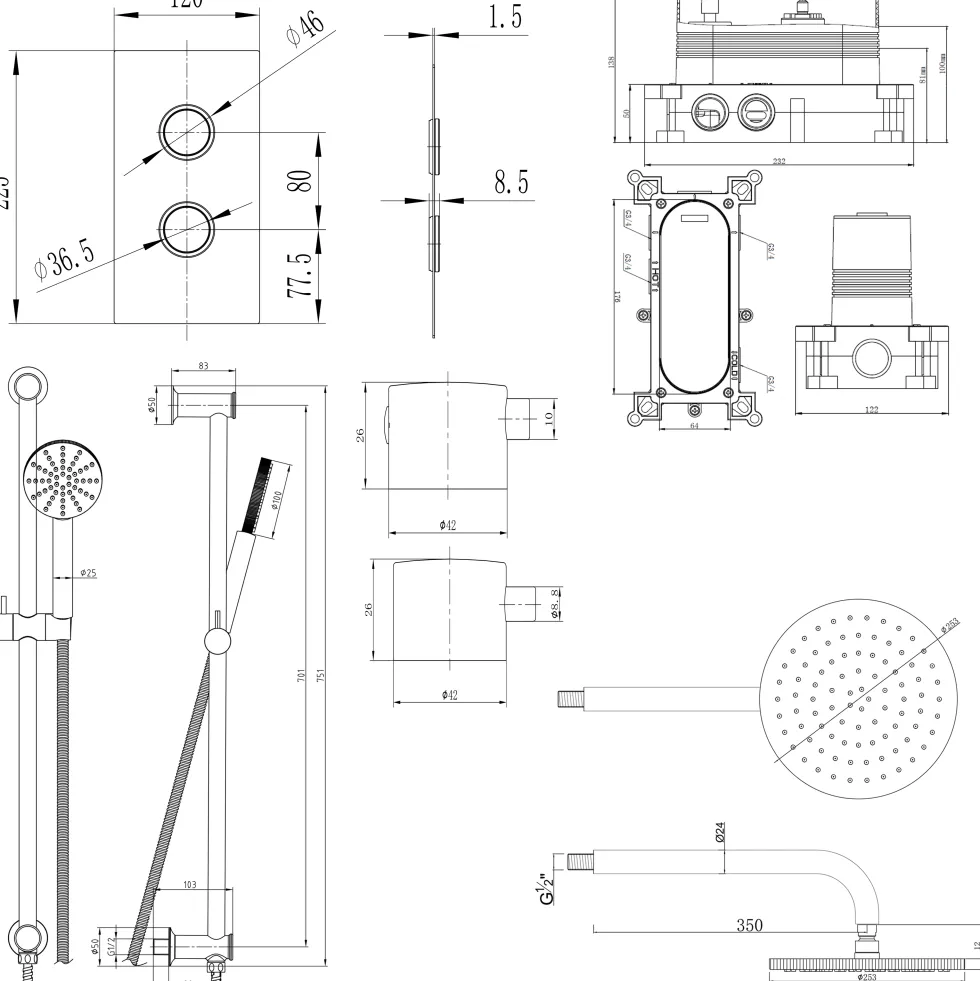 Core Shower Package with 2 Outlet Concealed Valve, Shower Head & Fluted Handset Slide Rail Kit