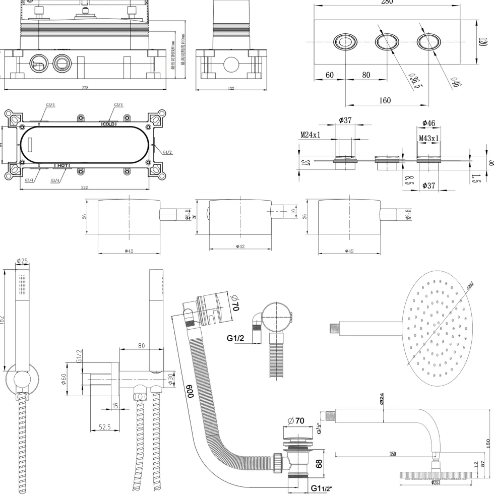 Core Shower Package with 3 Outlet Valve, Fixed Shower Head, Kit & Overflow Bath Filler