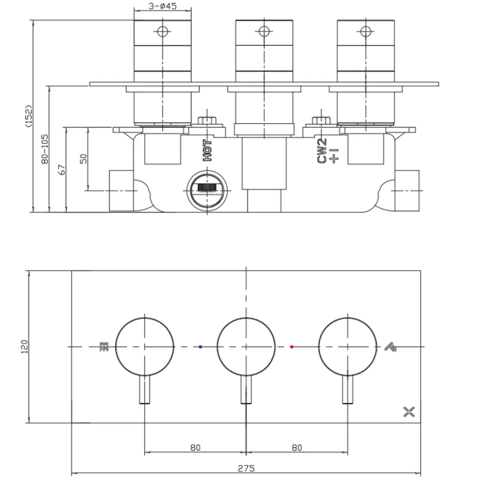 Crosswater MPRO 2 Outlet Concealed Thermostatic Shower Valve (3 Handles)