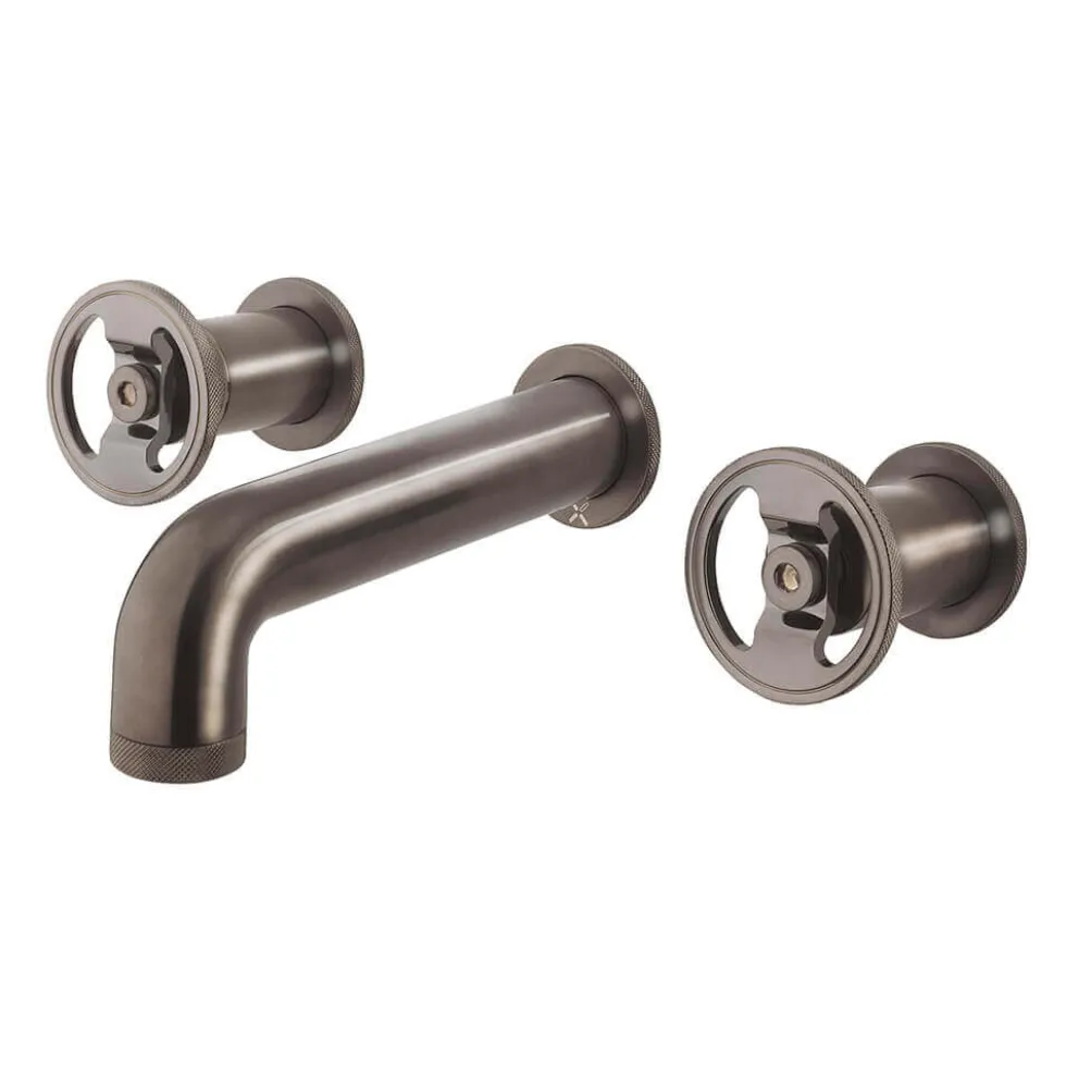 Crosswater Union 3 Hole Wall Mounted Basin Mixer Tap with Wheels - Brushed Black Chrome