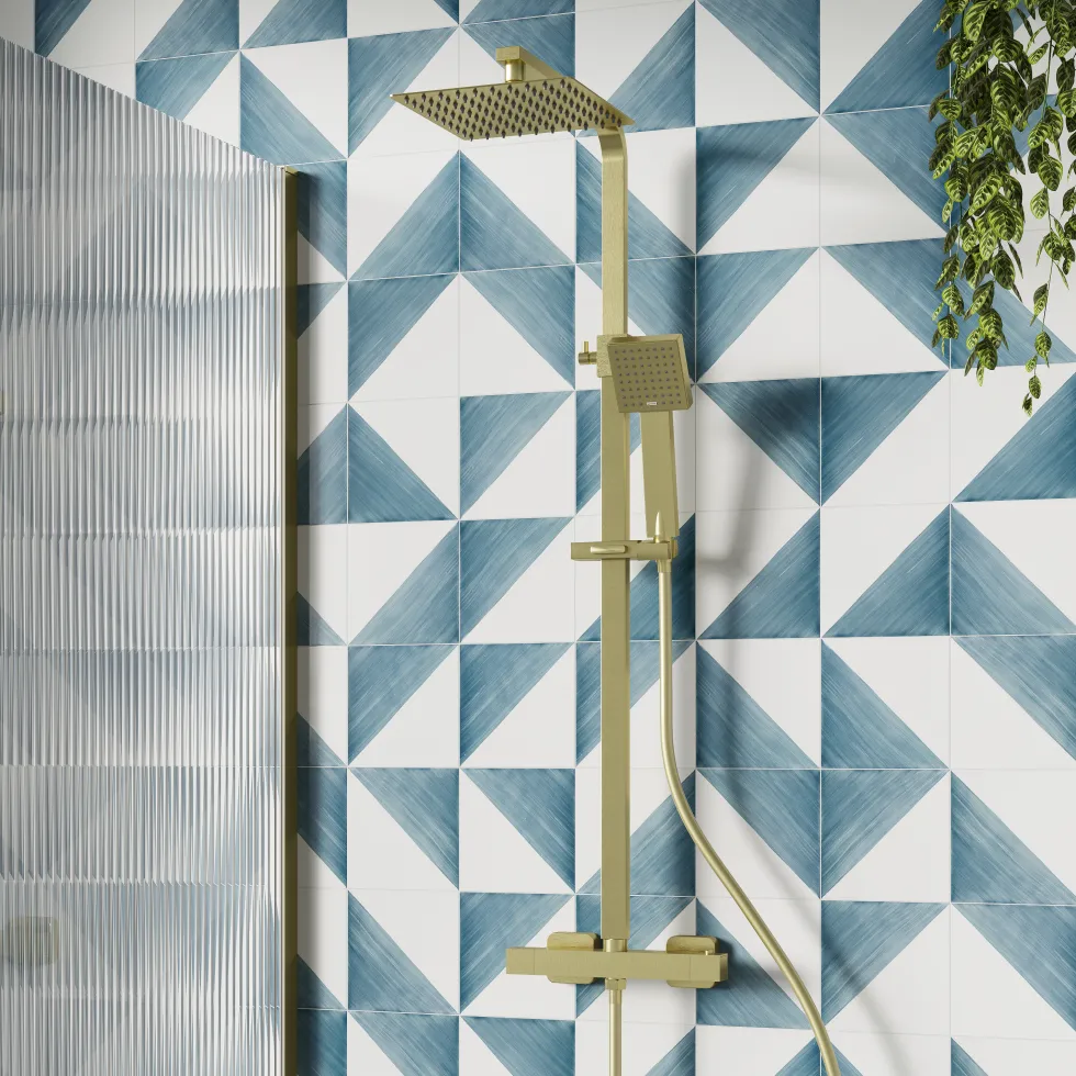 Drench Brushed Brass Exposed Square Thermostatic Rigid Riser Shower Kit