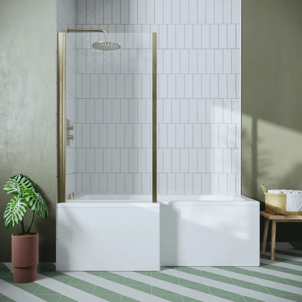 Drench Brushed Brass L-Shaped Fixed Bath Screen - 1435 x 800mm