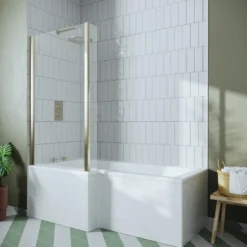 Drench Brushed Brass L-Shaped Fixed Bath Screen - 1435 x 800mm