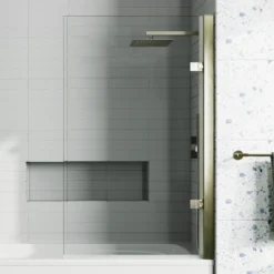 Drench Brushed Brass 8mm Glass Hinged Square Bath Screen - 1520 x 815mm