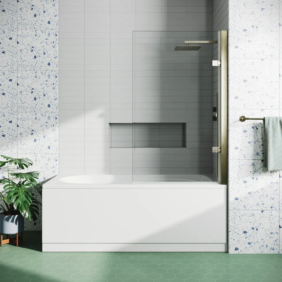 Drench Brushed Brass 8mm Glass Hinged Square Bath Screen - 1520 x 815mm