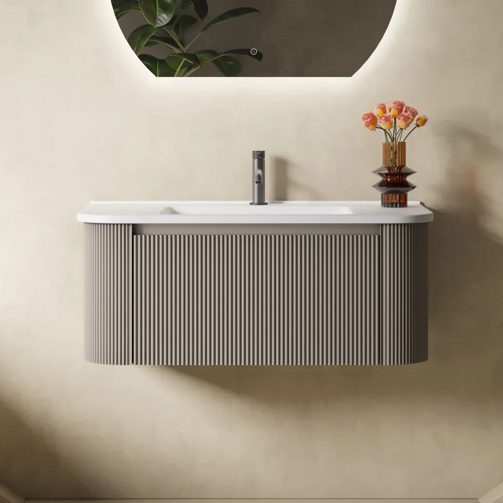 Drench Groove 870mm Fluted Wall Hung Curved Vanity Unit & Matt Stone Basin