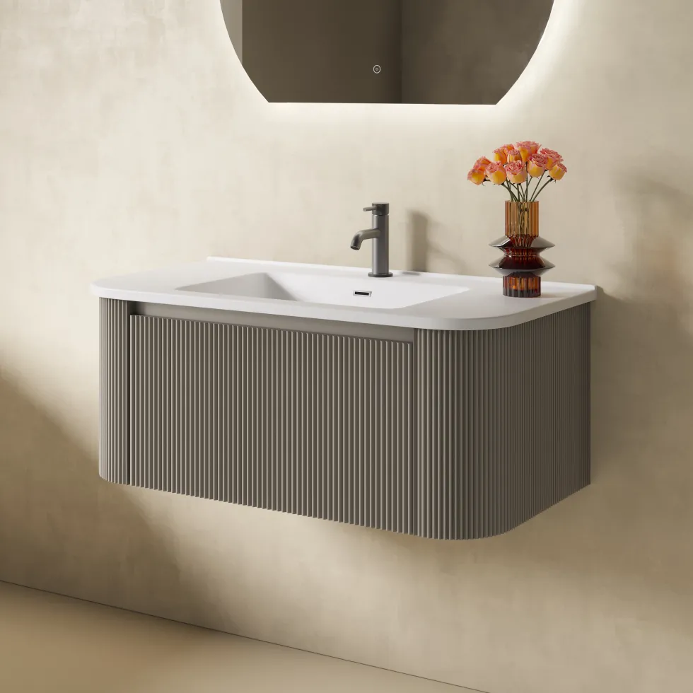 Drench Groove 870mm Fluted Wall Hung Curved Vanity Unit & Matt Stone Basin