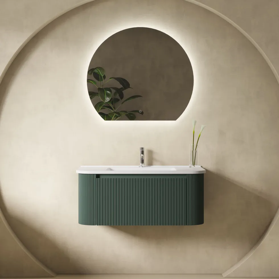 Drench Groove 870mm Fluted Wall Hung Curved Vanity Unit & Matt Stone Basin
