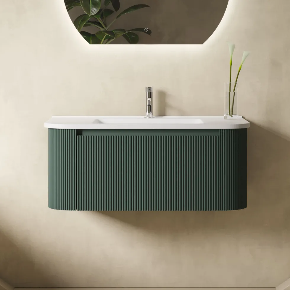 Drench Groove 870mm Fluted Wall Hung Curved Vanity Unit & Matt Stone Basin