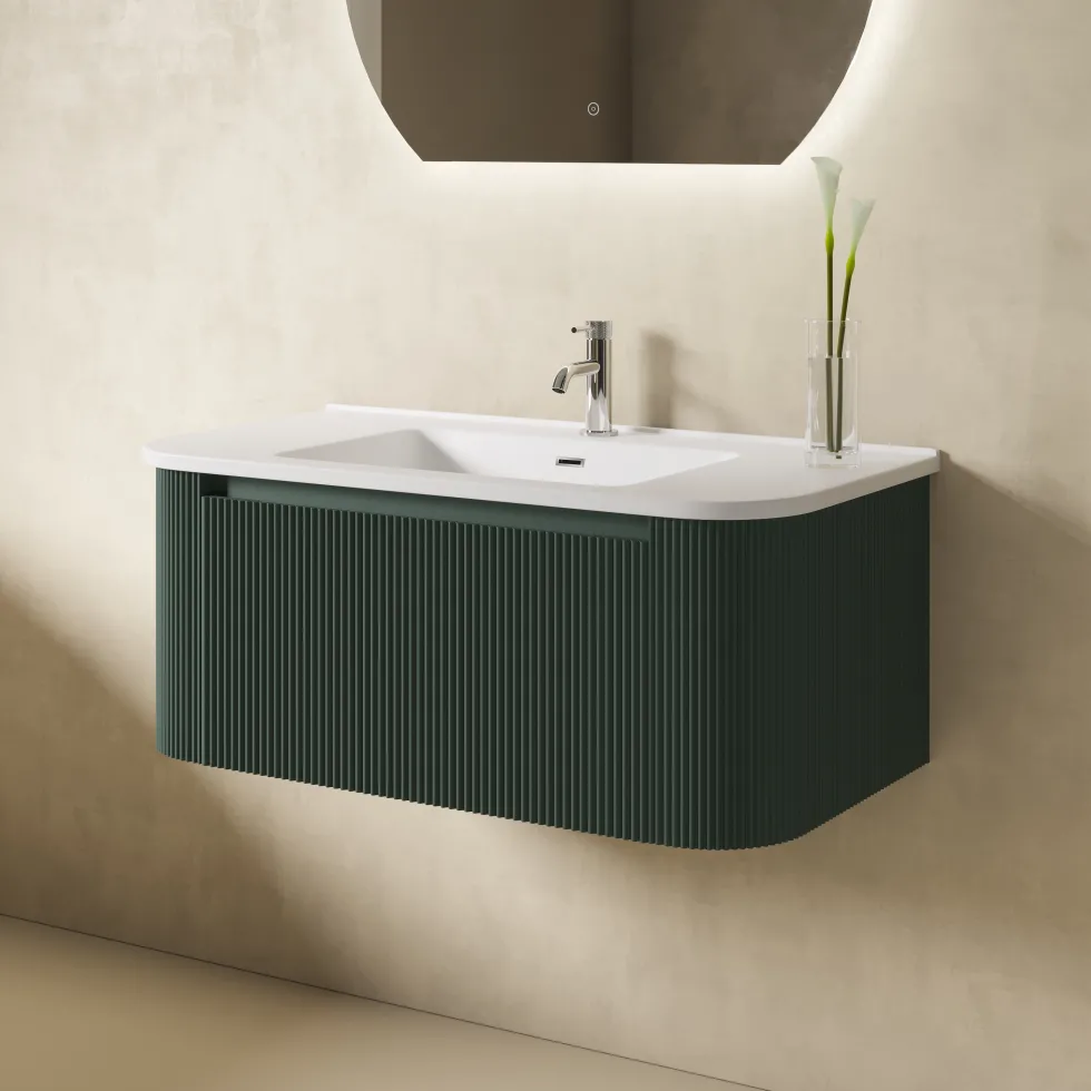 Drench Groove 870mm Fluted Wall Hung Curved Vanity Unit & Matt Stone Basin