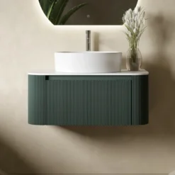 Drench Groove 870mm Fluted Wall Hung Curved Vanity Unit with Sintered Stone Countertop
