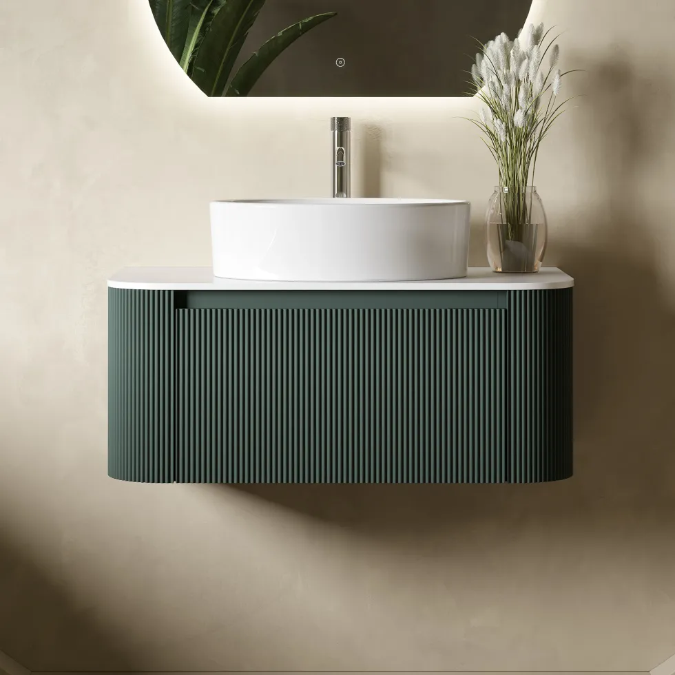Drench Groove 870mm Fluted Wall Hung Curved Vanity Unit with Sintered Stone Countertop