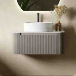 Drench Groove 870mm Fluted Wall Hung Curved Vanity Unit with Sintered Stone Countertop