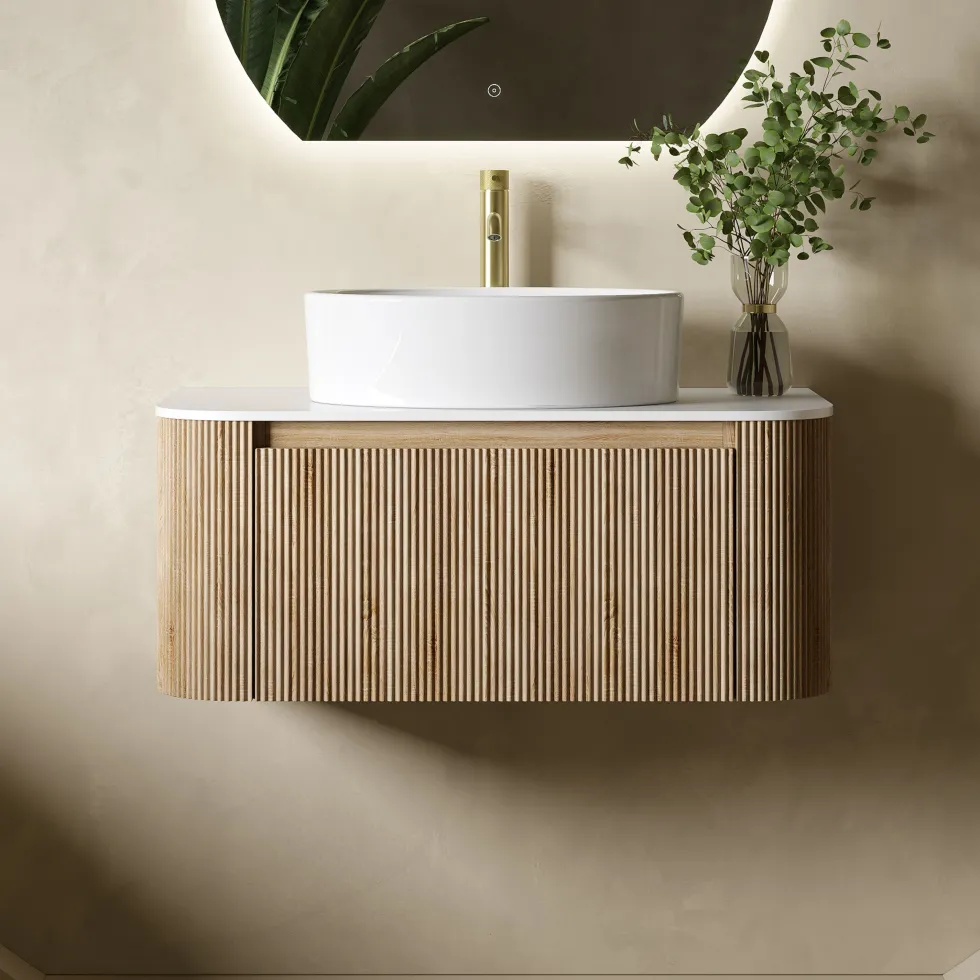 Drench Groove 870mm Fluted Wall Hung Curved Vanity Unit with Sintered Stone Countertop