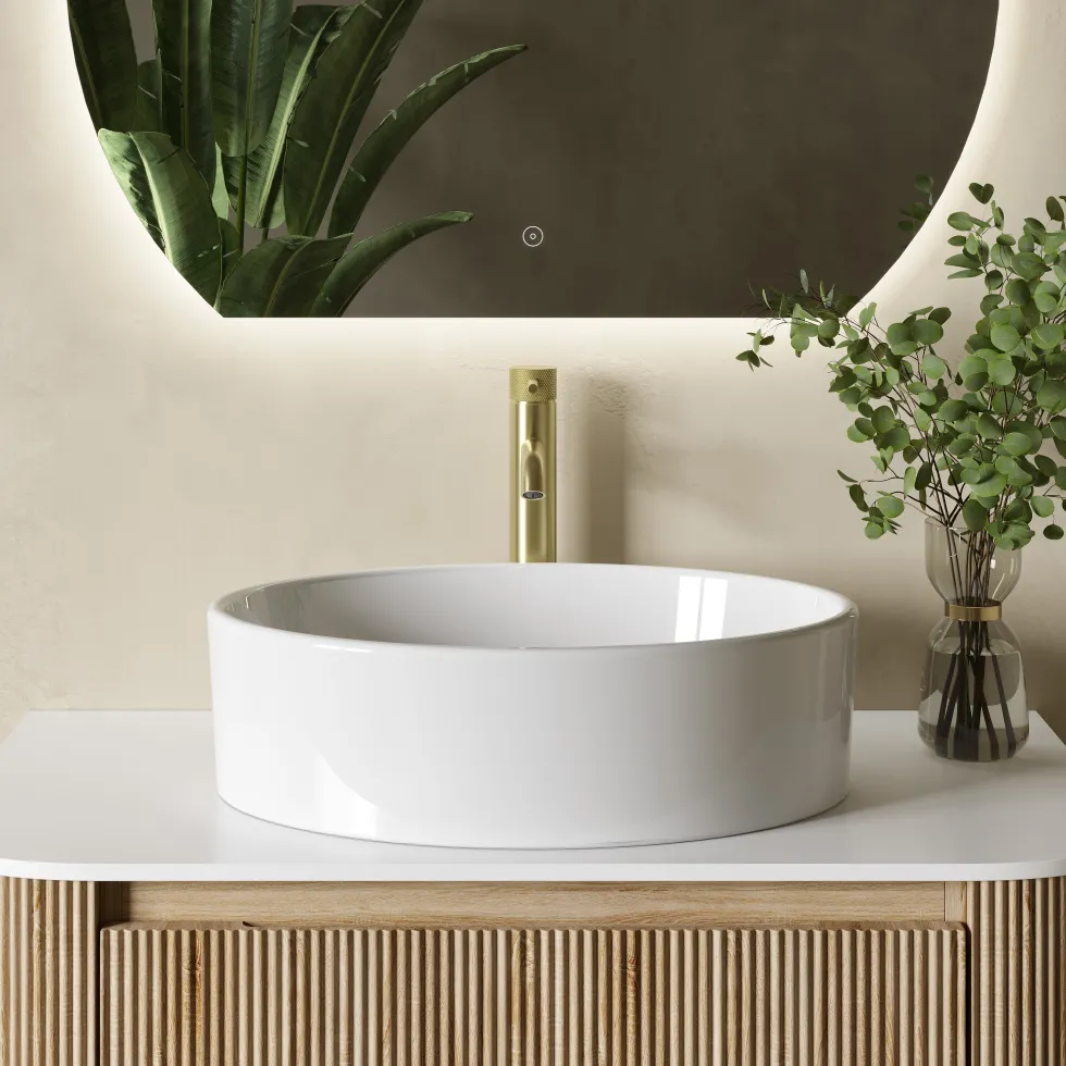 Drench Groove 870mm Fluted Wall Hung Curved Vanity Unit with Sintered Stone Countertop