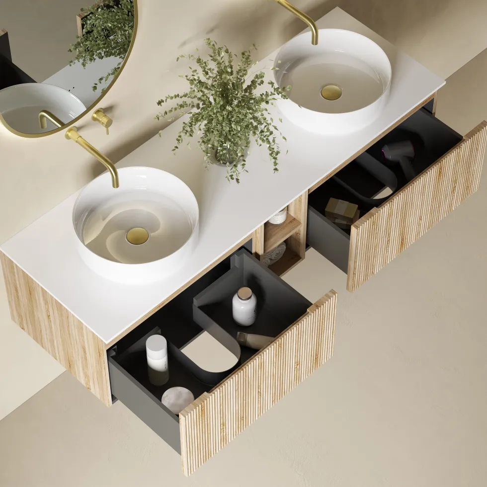 Drench Groove 1400mm Fluted Wall Hung Double Vanity Unit & Sintered Stone Countertop