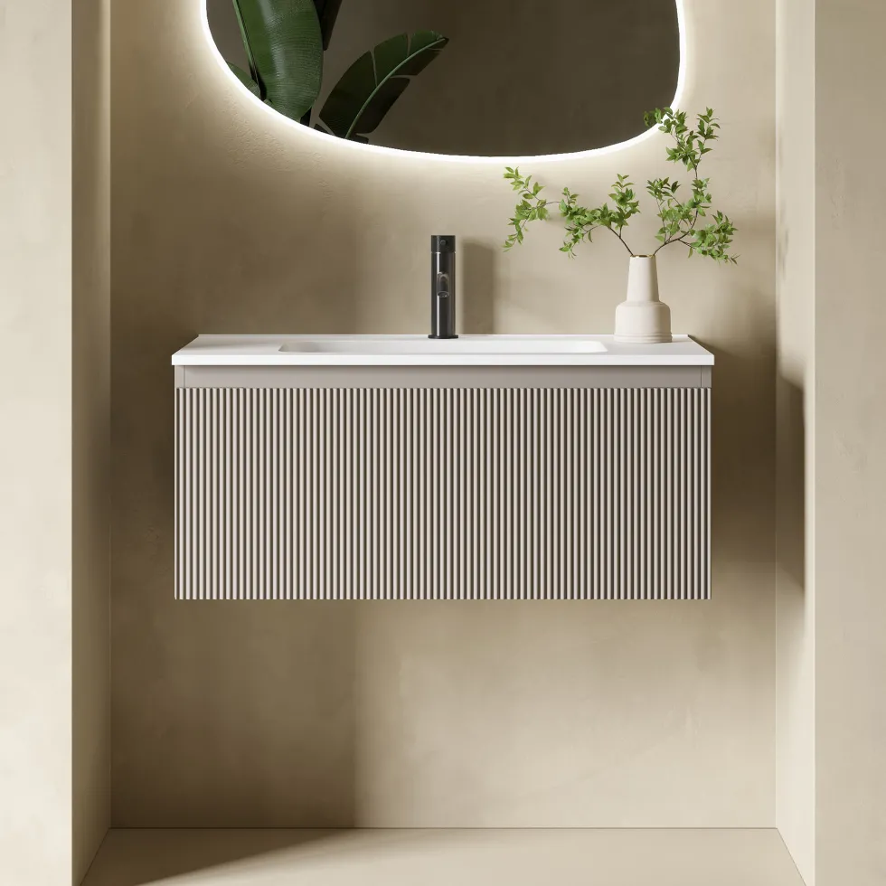 Drench Groove 800mm Fluted Wall Hung Vanity Unit & Matt Stone Basin