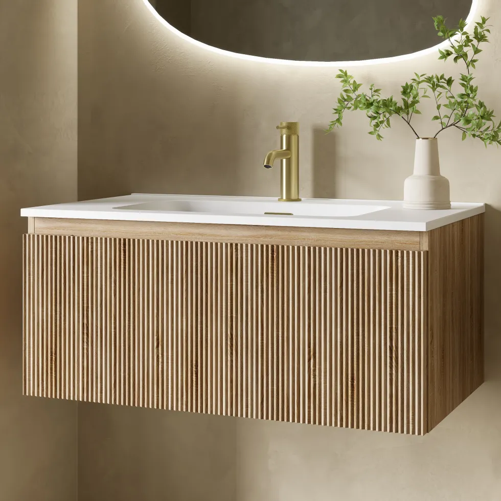 Drench Groove 800mm Fluted Wall Hung Vanity Unit & Matt Stone Basin