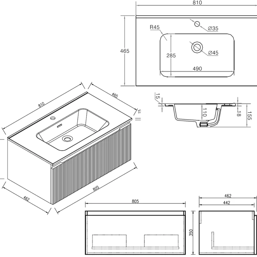 Drench Groove 800mm Fluted Wall Hung Vanity Unit & Matt Stone Basin